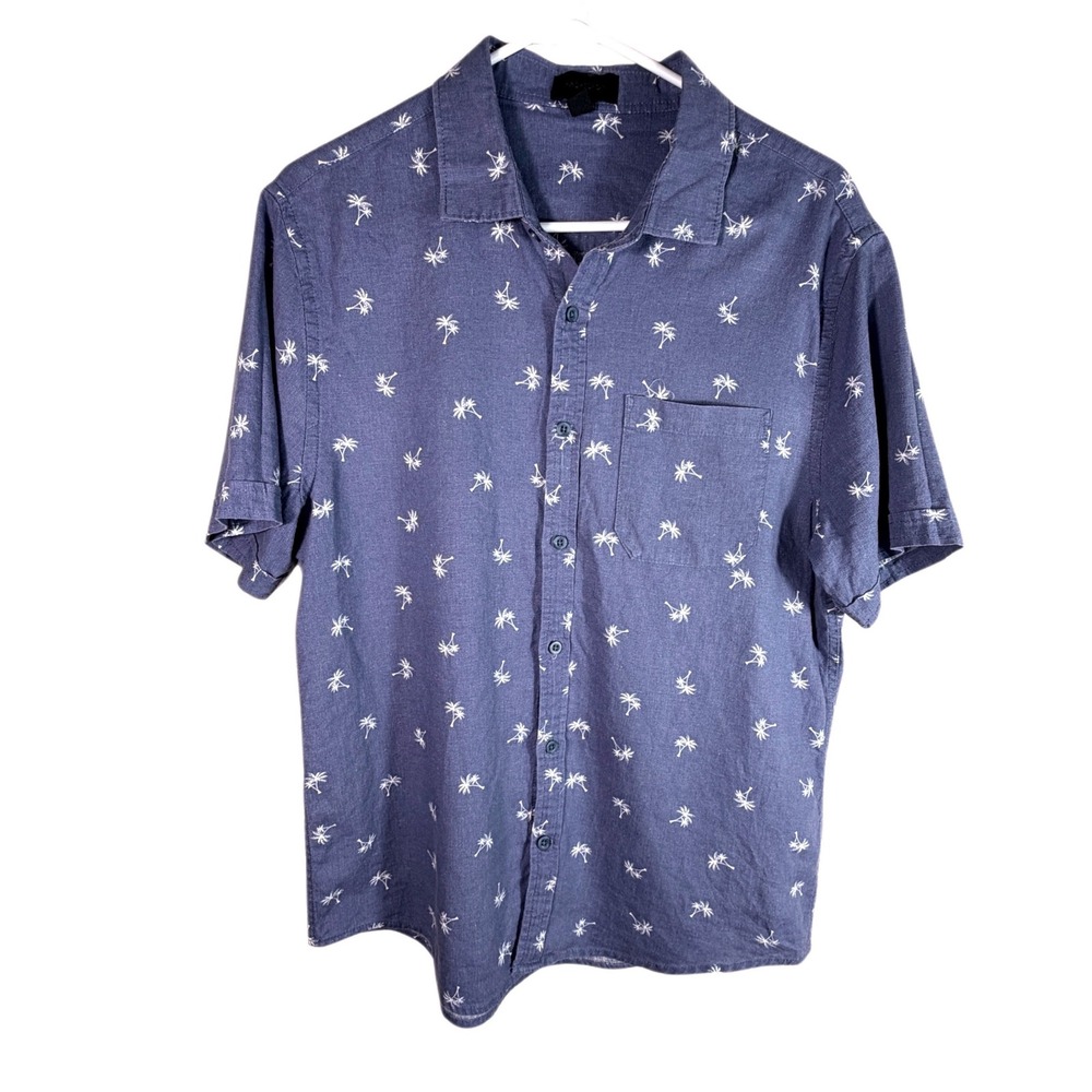 Magaschoni Man Blue Palm Tree Hawaiian Button Up Shirt Short Sleeve Linen M